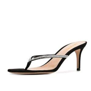 XYD Black Women Fashion Thong Mid Heel Sandals Casual Flip Flops Open Almond Toe